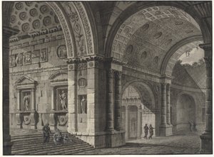 Architektonische Fantasie des Inneren eines antiken Gebäudes mit teilweise zerstörten Gewölben