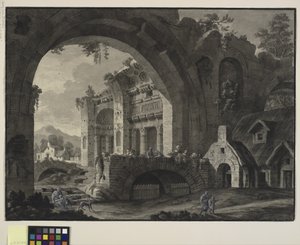 Architektonische Fantasie mit Ruinen eines antiken Bades und Hütten von Robert Adam