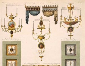 Entwürfe für Vorhangkarniesen, Girandolen und Falttüren, 1774 Druck (Detail) von Robert Adam