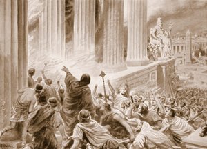 Die Verbrennung der Bibliothek von Alexandria im Jahr 391 n. Chr., Illustration aus 