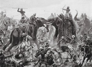 Die Niederlage von Pulikesin II Chalukhya durch Mahamalla Pallava in Badami, 642 n. Chr. (Lithografie) von Robert Ambrose Dudley