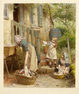Mutter und Kinder hängen die Wäsche auf, veröffentlicht 1854 von Robert Barnes