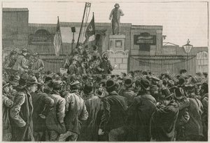 Der große Streik der Hafenarbeiter im East End: Mr. John Burns spricht zu den streikenden Männern an den Toren der East und West India Docks von Robert Barnes
