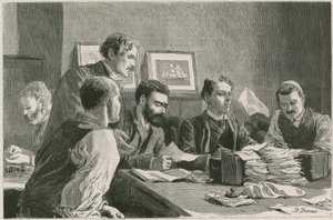 Der große Streik der Hafenarbeiter im East End: Das Finanzkomitee gibt Entlastungsscheine im Wade Arms, Jeremiah Street, Poplar, dem Hauptquartier der Streikenden aus von Robert Barnes