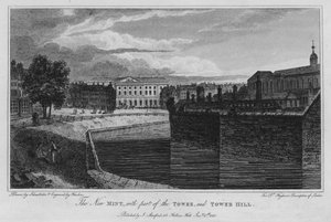 Die neue Münze, mit einem Teil des Turms und Tower Hill (Gravur) von Robert Blemell (after) Schnebbelie