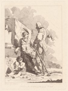 Zwei Soldaten und ein Kind, das einen Helm hält