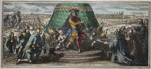 Der Bau der Invaliden in 1670 - Allegorie der Gründung des Hôtel des Invalides - Ludwig XIV. zeigt seinen alten verstümmelten Soldaten das im Bau befindliche Hôtel des Invalides - Gravur von Robert Bonnart (1652-1729).