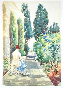 Cicely Nops malt in einem Garten von Robert Caruana Dingli