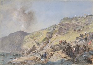 Die Klippen, Foilhummerum Bay, Valentia, der Punkt, an dem das Uferende des Kabels..., 1865 von Robert Charles Dudley