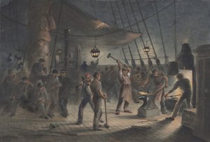 Die Schmiede an Deck, Nacht des 9. August: Vorbereitung der Eisenplatten für den Spill