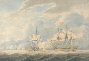 Der niederländische Vizeadmiral unter Admiral De Winter streicht seine Flagge vor dem englischen Vizeadmiral Onslow unter Admiral Duncan in der Schlacht von Camperdown, 11. Oktober 1797