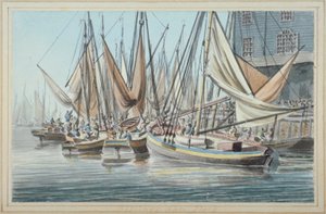 Ansicht von Billingsgate Wharf mit Booten auf dem Wasser, City of London, 1790 von Robert Clevely