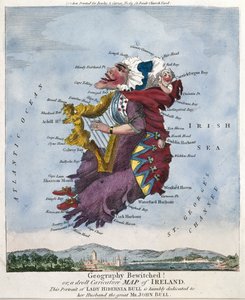 Geographie verhext! oder, eine lustige Karikaturkarte von Irland. Dieses Porträt von Lady Hibernia Bull ist ihrem Ehemann, dem großen Mr. John Bull, demütig gewidmet.