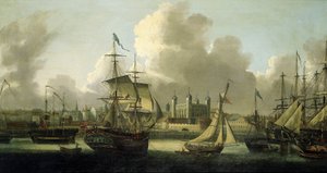 Segeln in London (England), Beschreibung des Tower of London links, verschiedene Boote aller Größen illustrieren die große Flussaktivität auf der Themse von Robert Dodd