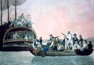 Die Meuterer setzen Leutnant Bligh und die Besatzung von seinem Majestätsschiff Bounty aus, 1790 von Robert Dodd