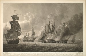 Diese Ansicht der Aktion am St. Georgstag 1794, zwischen einem Detachement von Seiner Majestät Fregatten, unter dem Kommando von Sir John Borlase Warren Baronet und vier französischen Fregatten von Robert Dodd