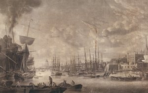 Blick auf die London Bridge von einem in der Nähe des Tower of London verankerten Boot, 1793 von Robert Dodd