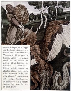 Tristan kämpft mit einem Drachen - in „Der Roman von Tristan und Iseult“ von J. Bédier, illustriert von Robert Engels, Kunstedition, Paris von Robert Engels