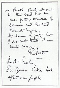 Letzte Seite des Tagebuchs des Polarforschers Robert Falcon Scott, Leiter der unglückseligen britischen Expedition zum Südpol, 29. März 1912 von Robert Falcon Scott