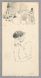 Szene mit Esel und zwei Figuren; Frau mit Fächer, 1882