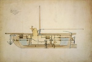 Originalzeichnung des Nautilus, des ersten Unterseeboots (U-Boot), präsentiert von seinem Erfinder Robert Fulton (1765-1815) dem amerikanischen Senat im Jahr 1806 von Robert Fulton