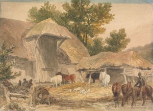 Bauernhof mit wartenden Pferden von Robert Hills