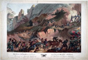 1799 kämpften die Truppen Napoleons auf der Teufelsbrücke gegen die von General Suworow befehligten Russen - Russische Armee überquert die Teufelsbrücke 1799 - Porter, Robert Carr (1777-1842) - 1804 - Aquatinta - 63x91,3 - Private Sammlung von Robert Kerr Porter