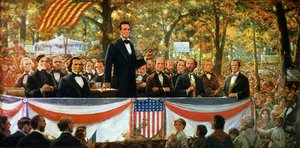 Abraham Lincoln und Stephen A. Douglas debattieren in Charleston, Illinois am 18. September 1858, 1918