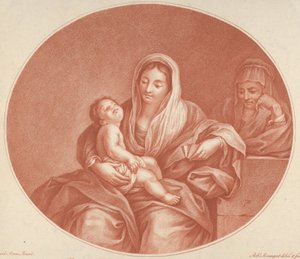 Die Jungfrau sitzt mit dem schlafenden Christuskind auf ihrem Schoß, rechts die Heilige Elisabeth von Robert Menageot
