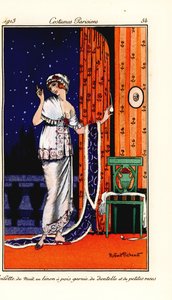 Frau im Abendkleid aus gepunktetem Leinen, verziert mit Spitze und Rosen. Handkolorierte Pochoir-Radierung nach einer Illustration von Robert Pichenot aus Tommaso Antonginis Journal