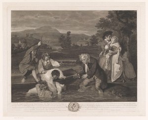 Körper eines jungen Mannes wird aus einem Fluss gehoben (The Body of a Young Man taken out of the water apparently dead in the sight of his distressed Parents / Corps d