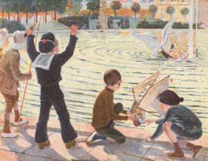 Ein Schwan versenkt die Spielzeugyacht eines Jungen