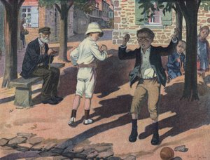 Ein kleiner Junge wird während eines Spiels mit seinen Kameraden wütend (schlechter Verlierer). Illustration von Robert Salles (1871-1929) in „Ich kann lesen“. von Robert Salles