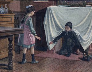 Ein junger Schornsteinfeger, bedeckt mit Ruß, verlässt den Schornstein, bedeckt von einem Laken. Er erschreckt ein kleines Mädchen, das denkt, er sei der Teufel. Illustration von Robert Salles (1871-1929) in „Je sais Lire“