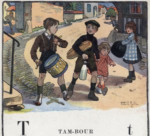Kinderbuch „Ich werde lesen - Methodisches und lustiges Alphabet von einem Vater“ 1926. Illustration von Robert Salles (1871-1929). Abecedarium: Buchstabe T wie Trommel
