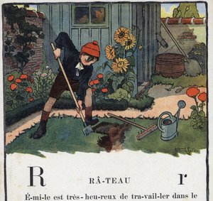 Kinderbuch „Ich werde lesen - Methodisches und lustiges Alphabet von einem Vater“ 1926. Illustration von Robert Salles (1871-1929). Abecedarium: Buchstabe R wie Rechen. Ein Junge im Garten seines Hauses.