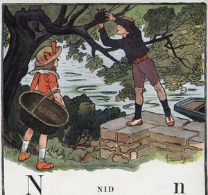 Kinderbuch „Ich werde lesen - Methodisches und lustiges Alphabet von einem Vater“ 1926. Illustration von Robert Salles (1871-1929). Abecedarium: Buchstabe N wie Nest. Ein Junge nimmt ein Nest von einem Baum