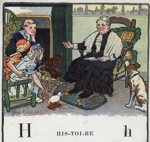 Kinderbuch „Ich werde lesen - Methodisches und lustiges Alphabet von einem Vater“, 1926. Illustration von Robert Salles (1871-1929). Abecedarium: Buchstabe H wie Geschichte. Eine Großmutter erzählt ihren Enkeln Geschichten am Kamin.