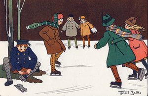 Eislaufen. Gravur in "Was spielen wir?" von E. Weber mit Aquarellzeichnungen von Robert Salles (1871-1929). Librairie Garnier Freres, Paris