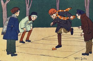 Das Himmel-und-Hölle-Spiel. Gravur in "Was spielen wir?" von E. Weber mit Aquarellzeichnungen von Robert Salles (1871-1929). Librairie Garnier Freres, Paris