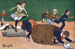 Das Hindernisrennen. Gravur in "Was spielen wir?" von E. Weber mit Aquarellzeichnungen von Robert Salles (1871-1929). Librairie Garnier Freres, Paris