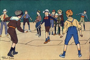 Theque (Mannschaftsspiel mit Ball und Stock). Gravur in „Was spielen wir?“ von E. Weber mit Aquarellzeichnungen von Robert Salles (1871-1929). Librairie Garnier Freres, Paris