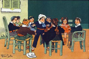 Zum Frettchen. Gravur in "Was spielen wir?" von E. Weber mit Aquarellzeichnungen von Robert Salles (1871-1929). Librairie Garnier Freres, Paris