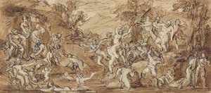 Figurenstudie einer Bacchanalfeier in einer Waldlandschaft