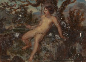 Figurenstudie einer nackten Frau in einer bewaldeten Landschaft