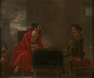 Illustration für Don Quixote, zwei Figuren an einem Tisch von Robert Smirke