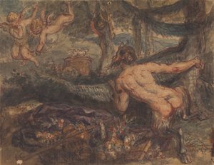 Pan, der hinter einem Baum spioniert, bei Putti, die Pfeile schießen
