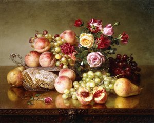 Früchtestillleben mit Rosen und Honigwabe, 1904 von Robert Spear Dunning