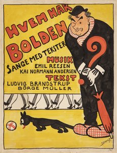 Vorlage für Titelblatt zu "Hvem har Bolden". Karikiertes Porträt von Carl Alstrup