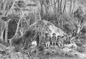 Feuerländer und ihre Wigwams, ca. 1885, 1890